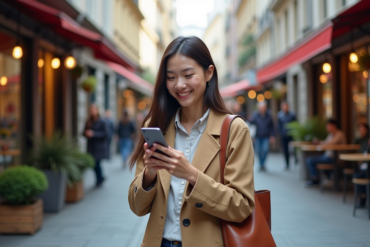 Jeune femme souriante utilisant son smartphone en ville