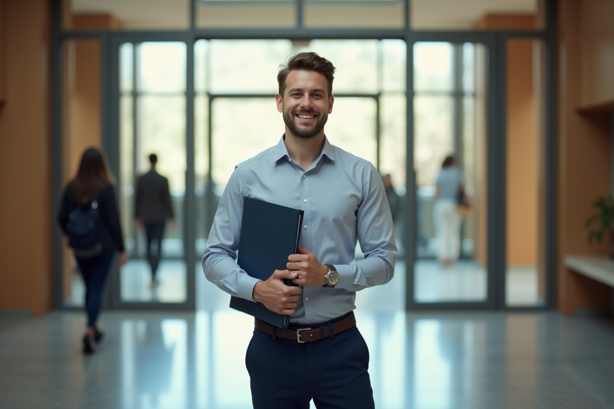 Jeune homme souriant avec un diplôme devant une université