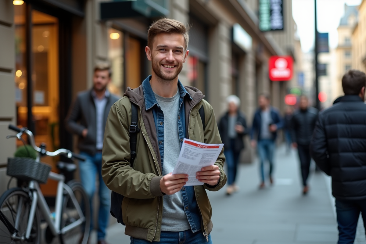 Jeune homme distribuant flyers dans la ville animée
