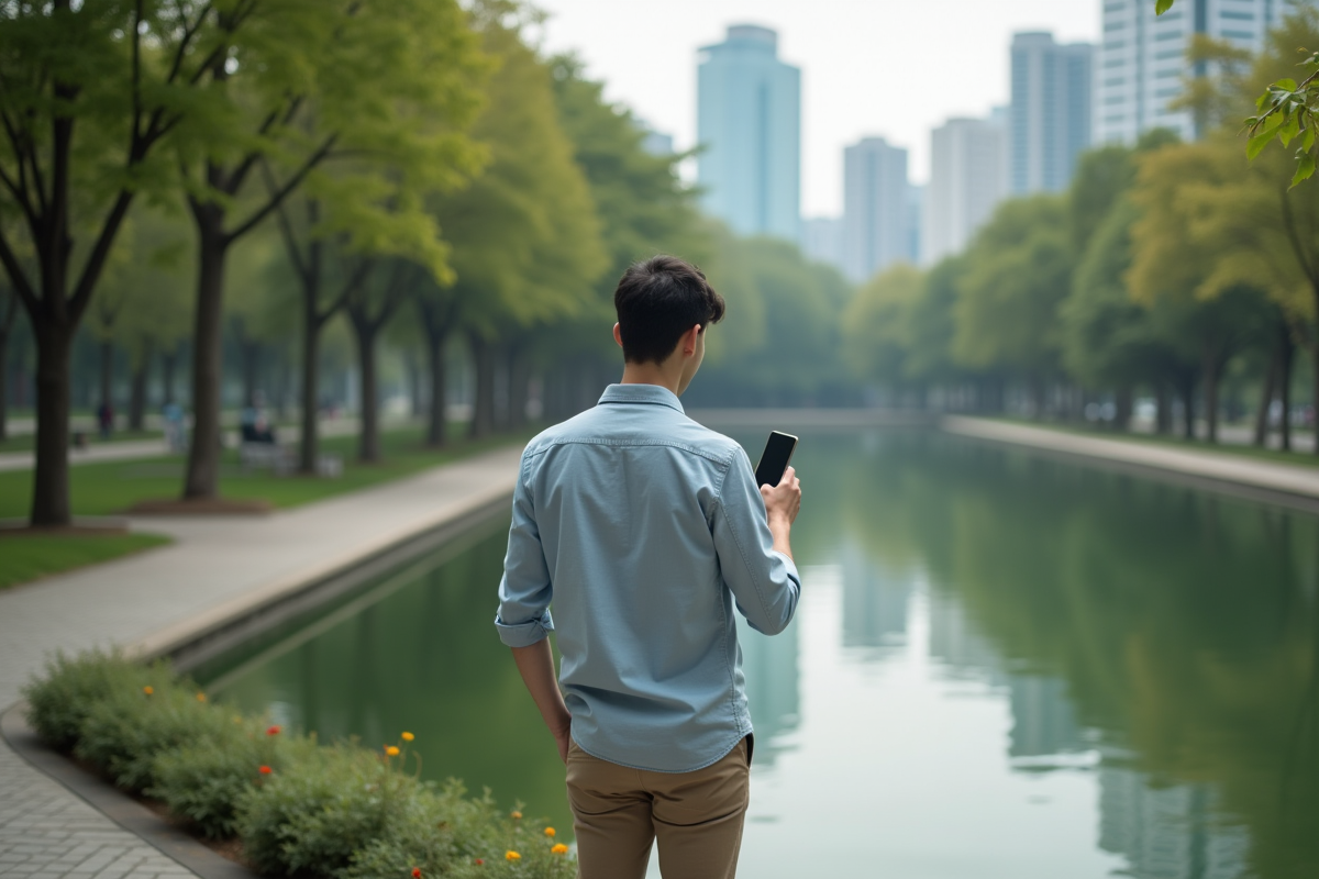 Jeune homme regardant son reflet dans l étang