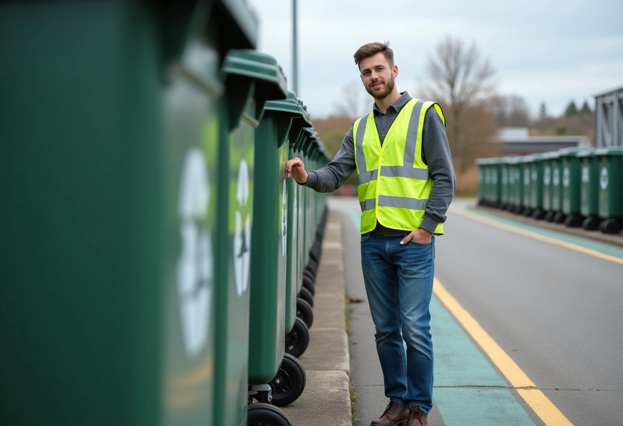 Jeune homme inspectant des bacs de recyclage en extérieur