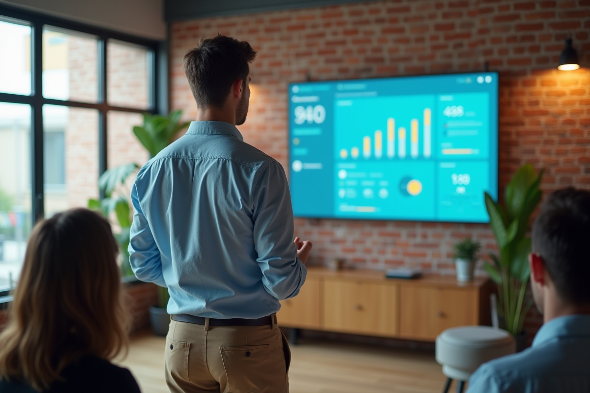 Jeune marketeur présentant un tableau de bord digital