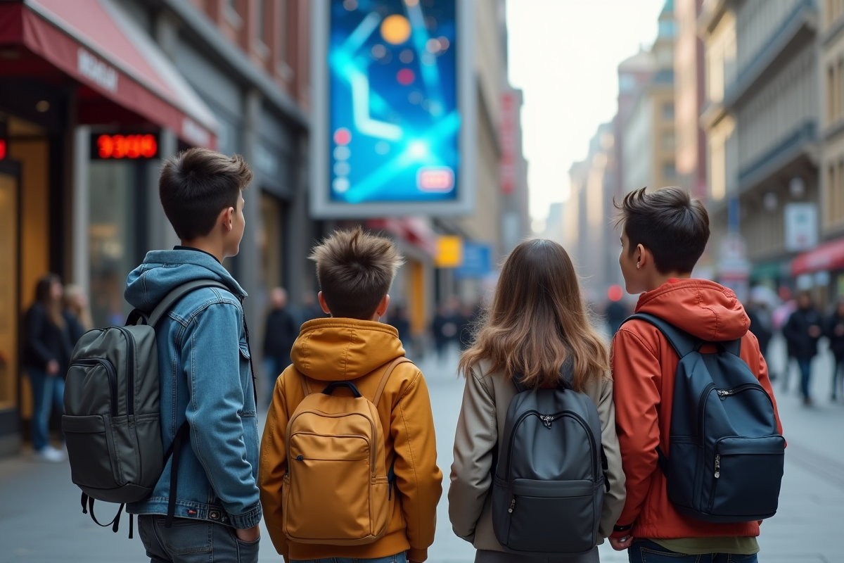 Jeunes regardant une grande affiche publicitaire en ville