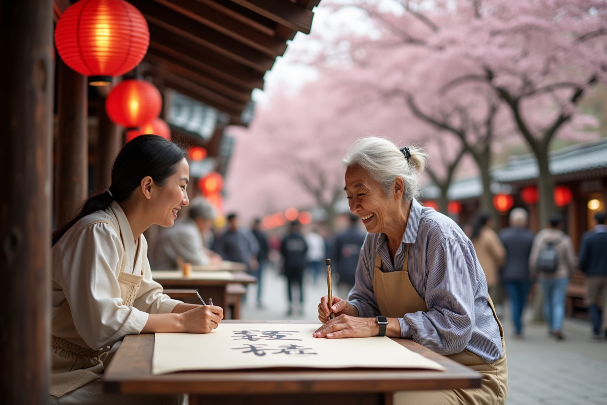 Jeune femme européenne et calligraphe japonaise peignant un rouleau