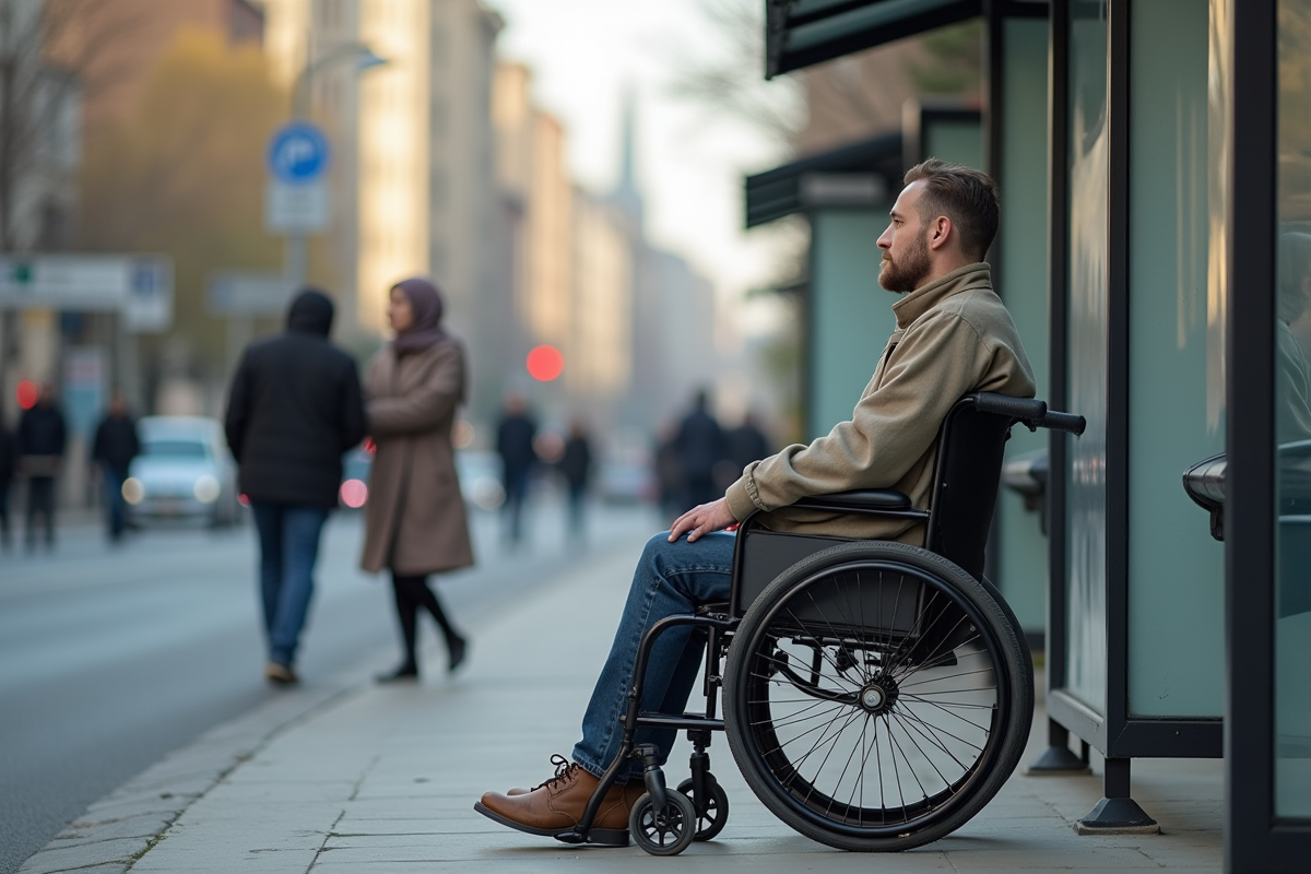 Jeune en fauteuil et femme en hijab à un arrêt de bus