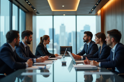 Groupe de professionnels en r&eacute;union dans un bureau moderne