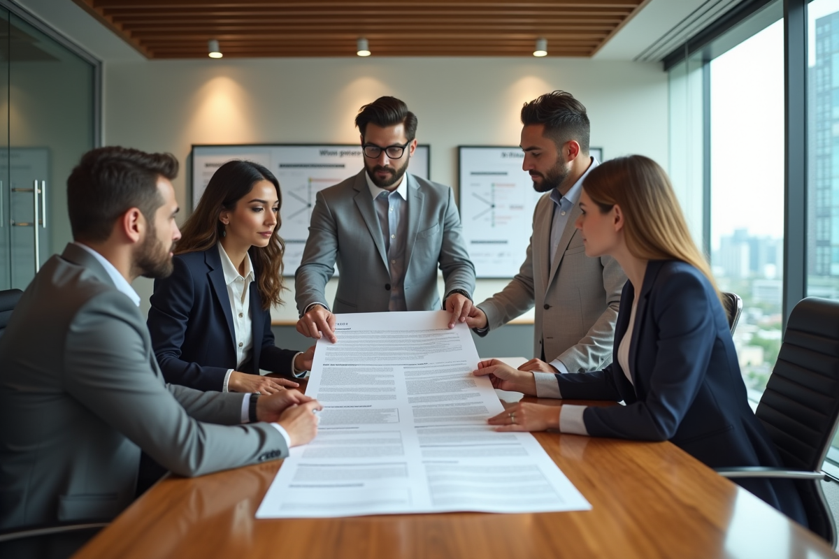 Groupe de coworkers en réunion dans une salle lumineuse
