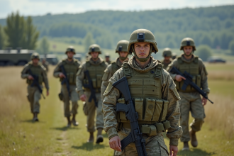 Groupe de soldats français en formation dans un champ
