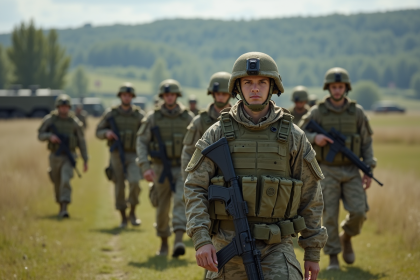 Groupe de soldats français en formation dans un champ